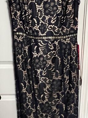 Enfocus Studio Black Lace Maxi Dress with Nude Underlay and Rhinestone Waistband